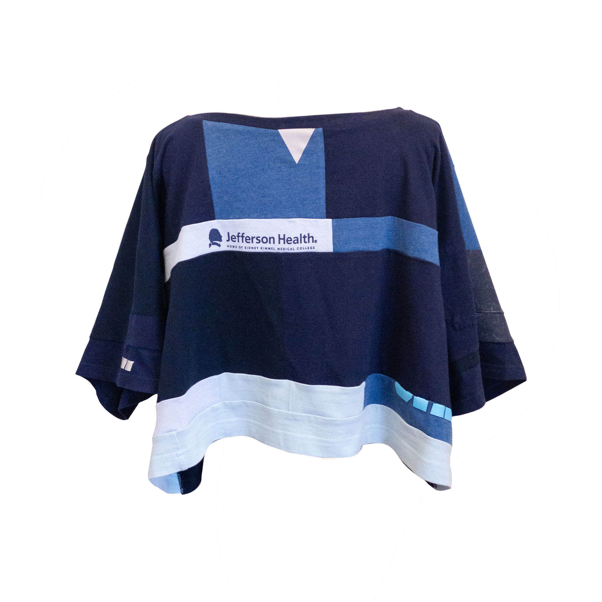 A blue and white t - shirt with the words
