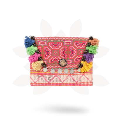 Upcycled Hmong Vintage Fabric Clutch with Tassels & Bells - Thailand