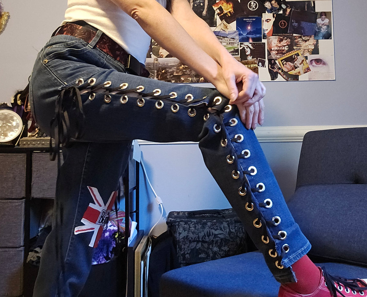 Upcycled The Beatles Lace Up Jeans - 36"/31"