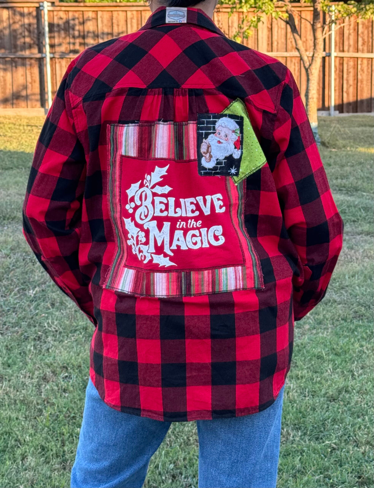 Believe In Magic Christmas Holiday Plaid Flannel Longsleeve Shirt