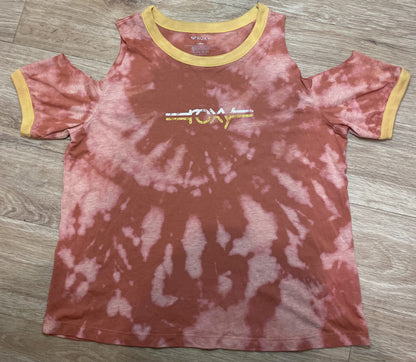 a Roxy tie dye cut-out tee with a white and yellow logo.