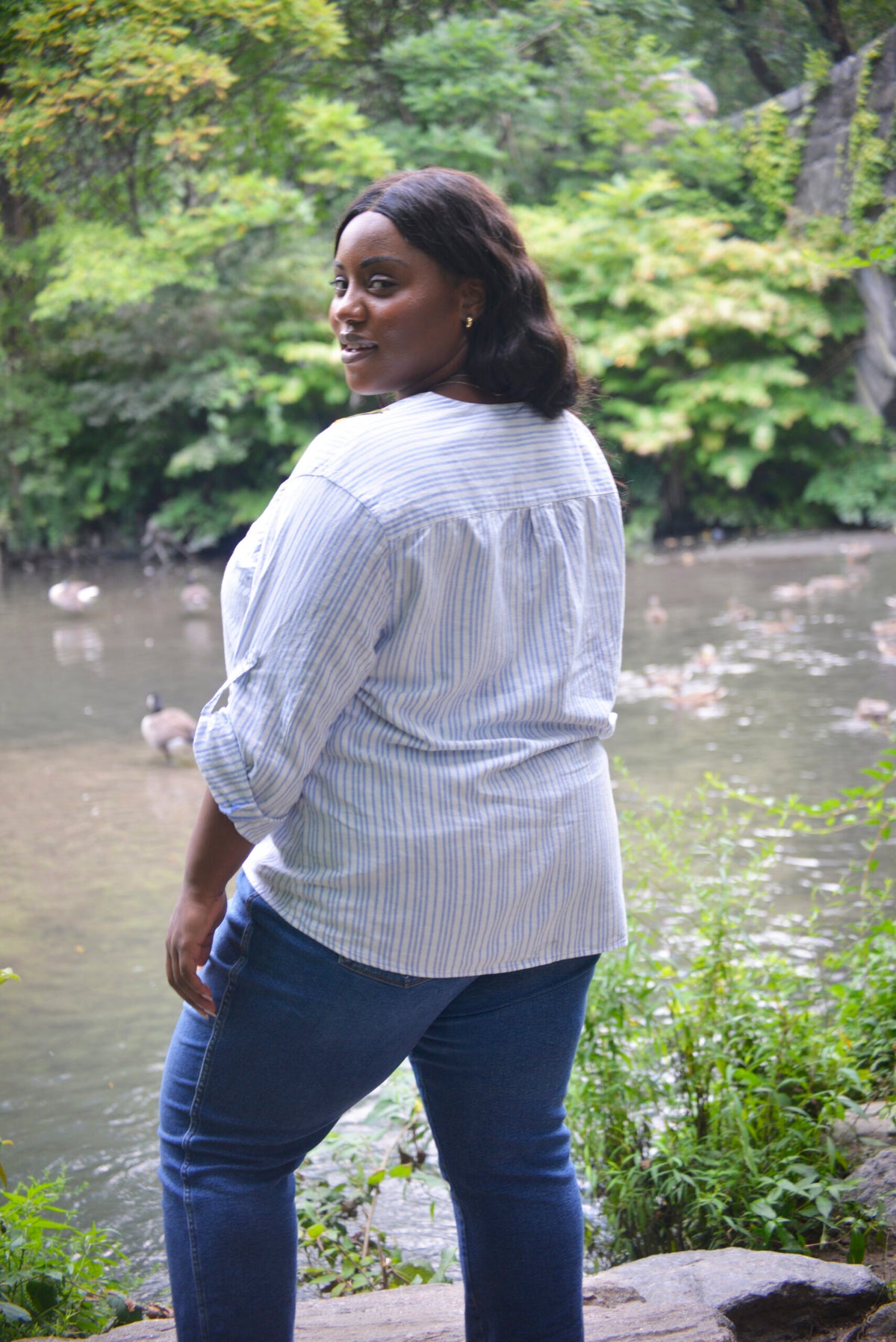Plus Size Summer Fall Outfit Hand Embroidered Casual Striped Long Sleeve Linen Wrap Blouse Size XL 1X 2X 3X