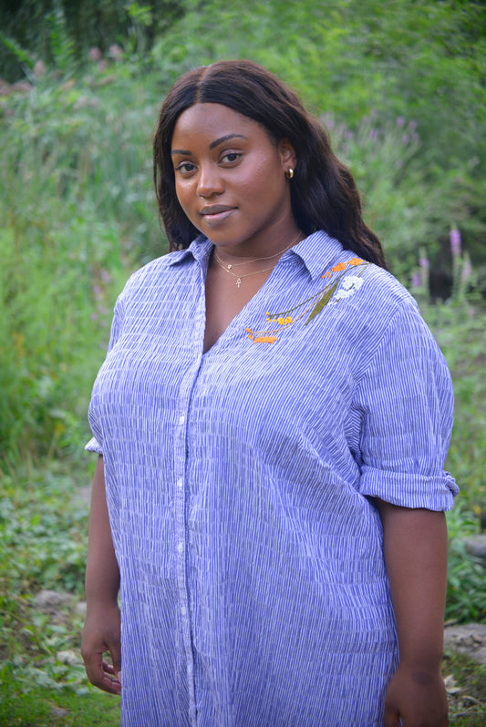 Pochoir.NYC hand embroidered blue and white striped Ulla Popken seersucker tunic