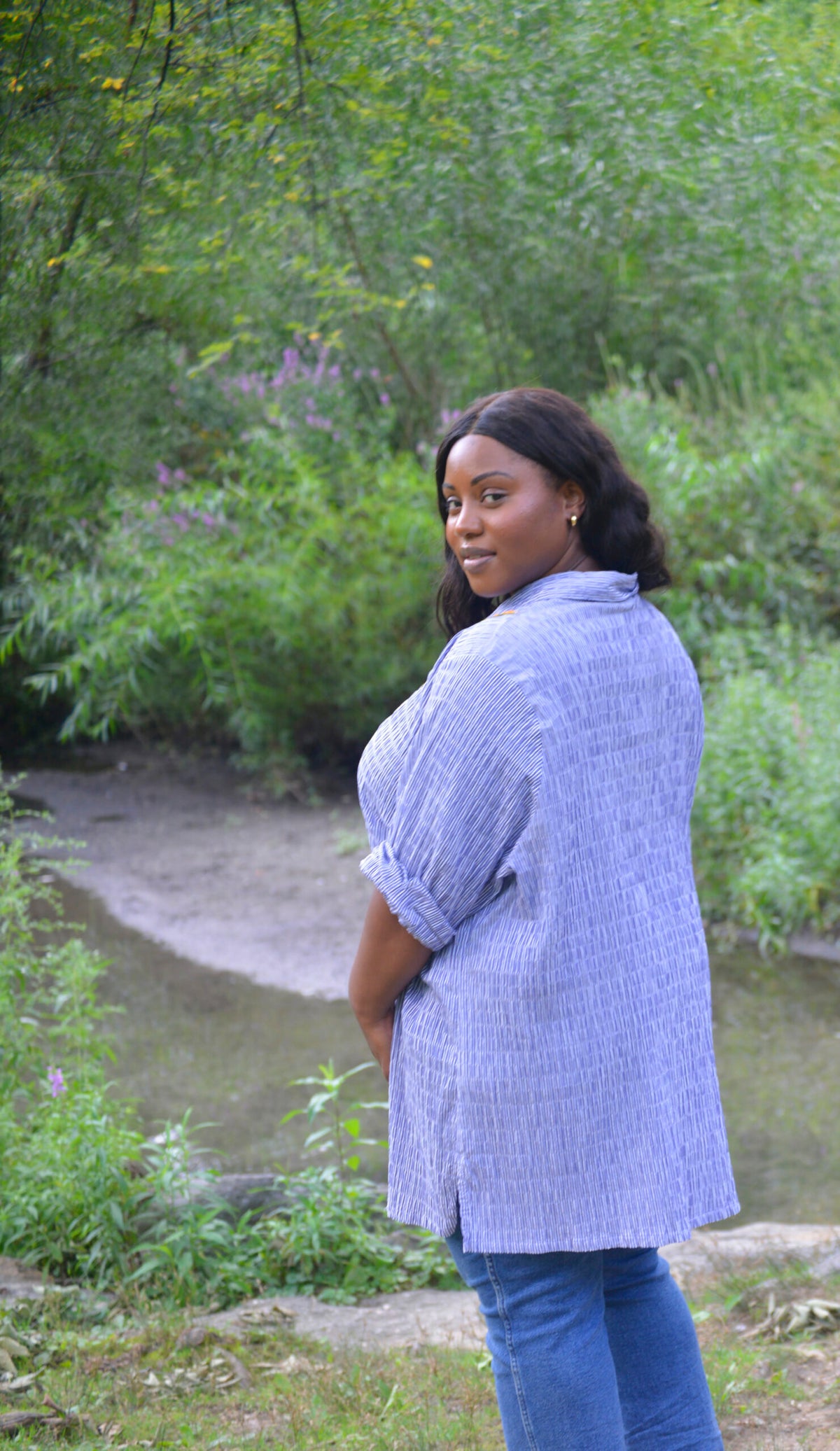 Blue Striped Hand Embroidered Ulla Popken Seersucker Blouse