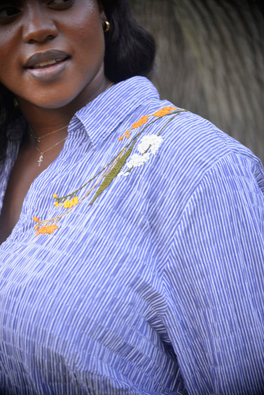 Blue Striped Hand Embroidered Ulla Popken Seersucker Blouse