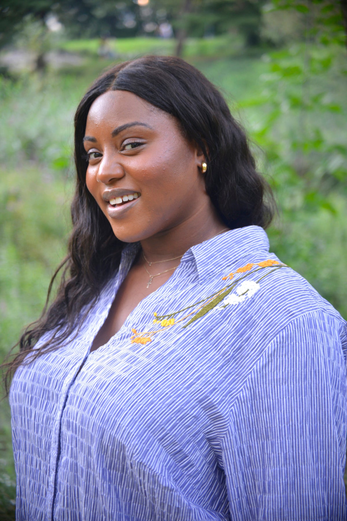 Blue Striped Hand Embroidered Ulla Popken Seersucker Blouse