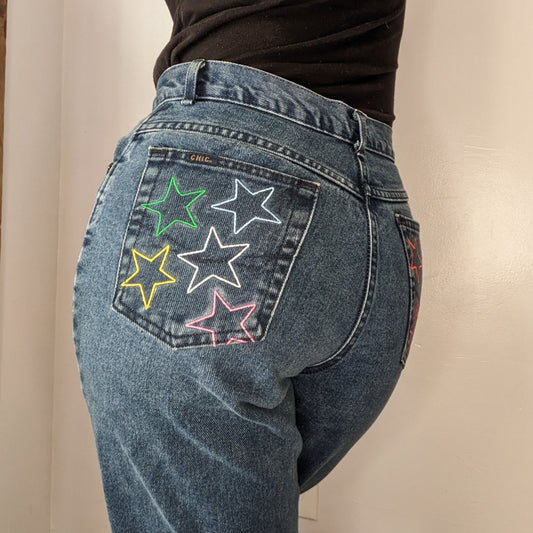 Reworked Vintage Jeans with upcycled embroidered star pockets
