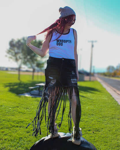 Midnight Outlaw Black Denim Fringe Skirt by The Modern Alien, photo 13