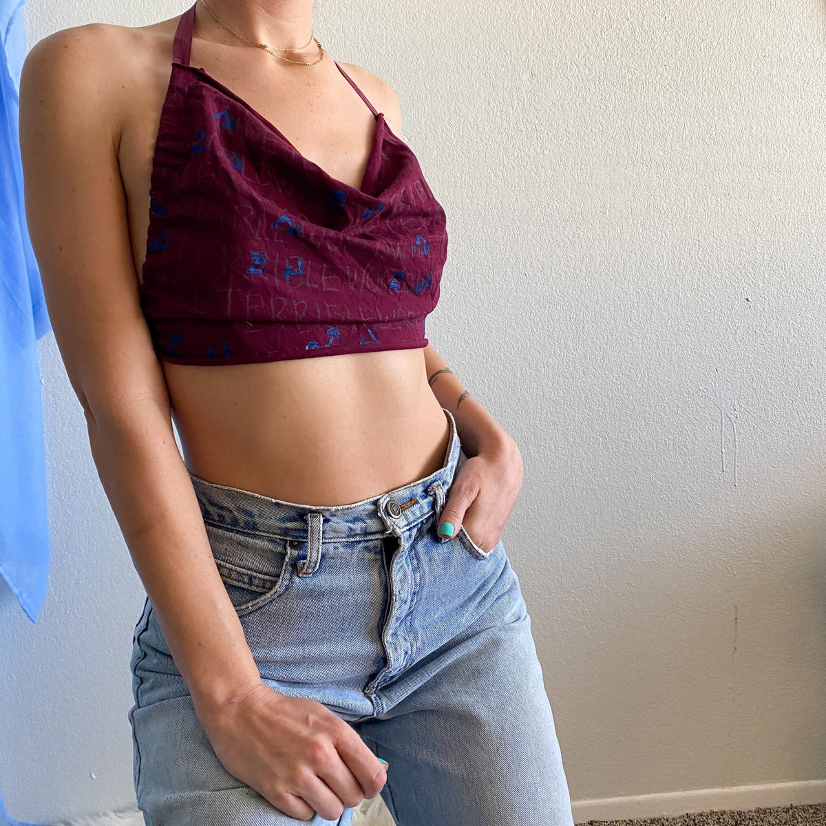 1of1 painted text print maroon halter crop top