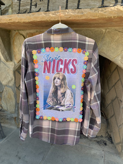 A Stevie Nicks Flannel Long Sleeve Shirt with a picture of a woman on it.