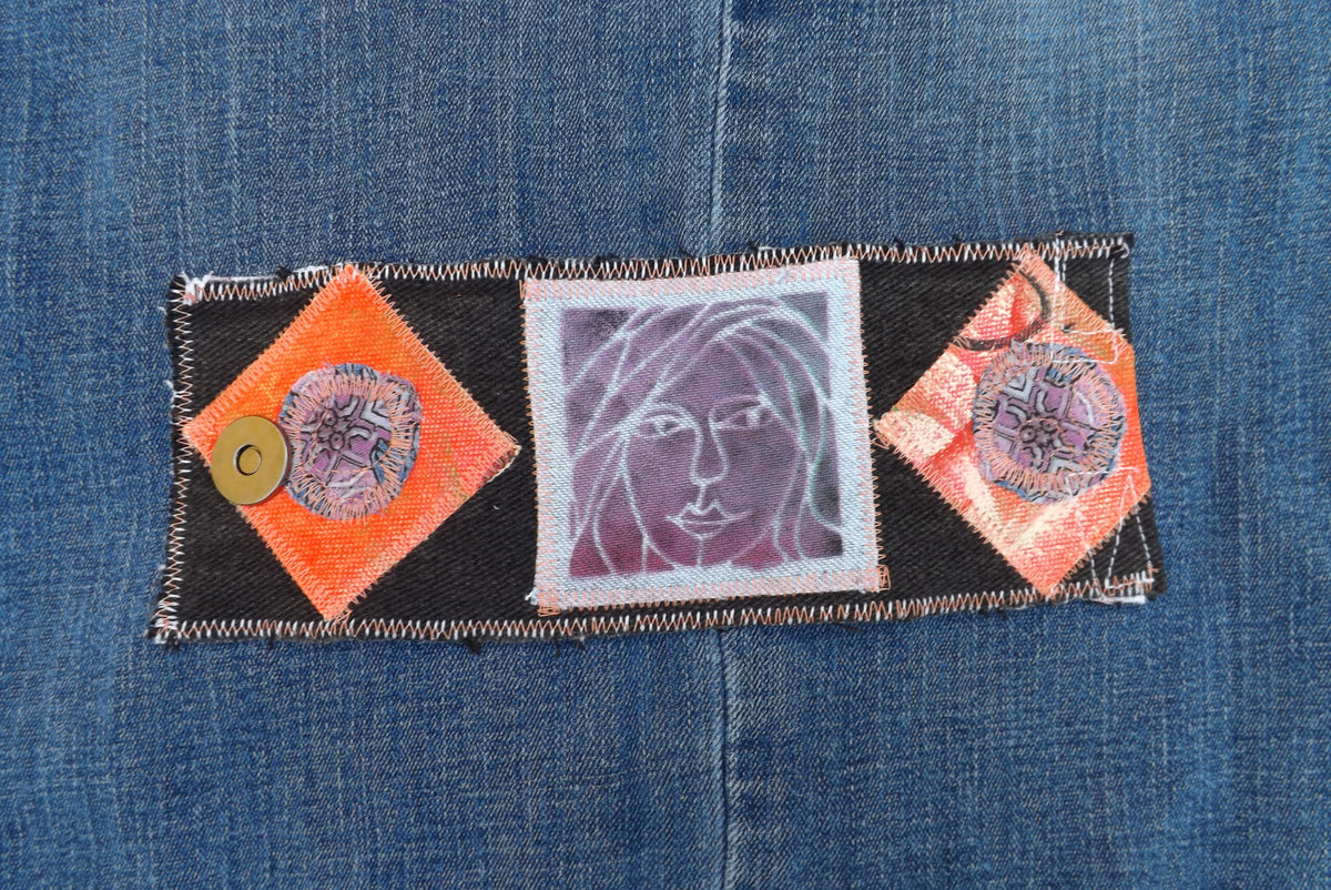 Unique, bold upcycled denim cuff bracelet.