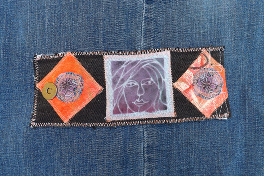 Unique, bold upcycled denim cuff bracelet.