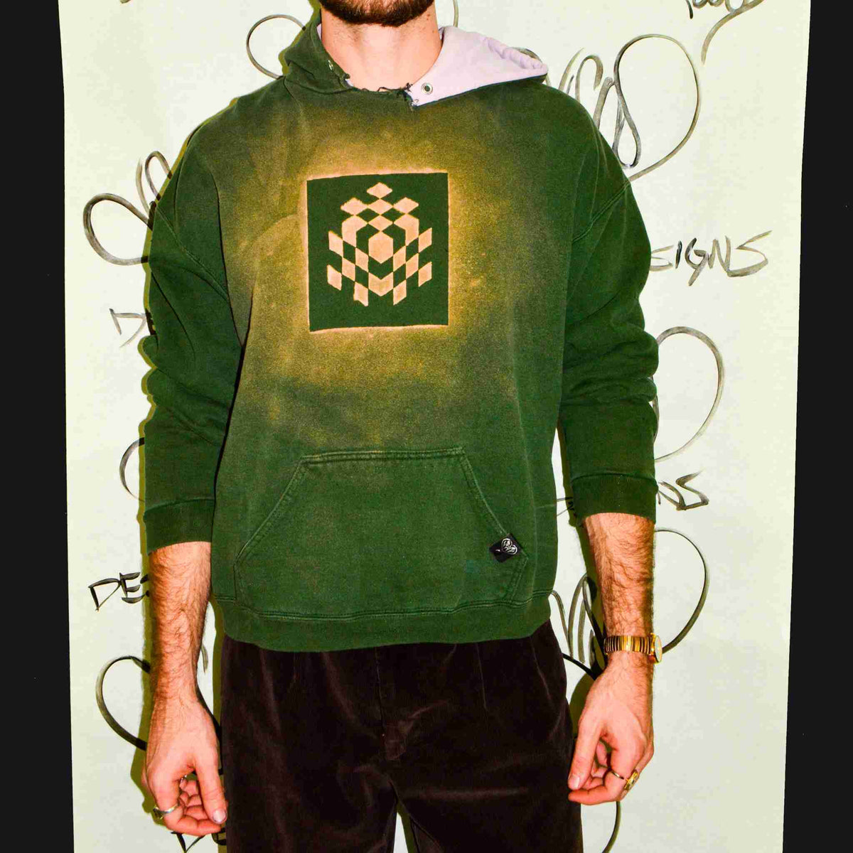 a man in a green hoodie standing in front of a wall.
