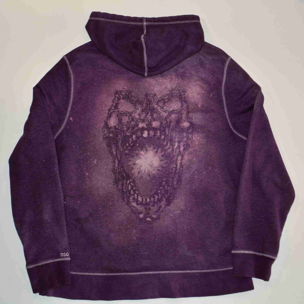 a purple hoodie with a skull on it.