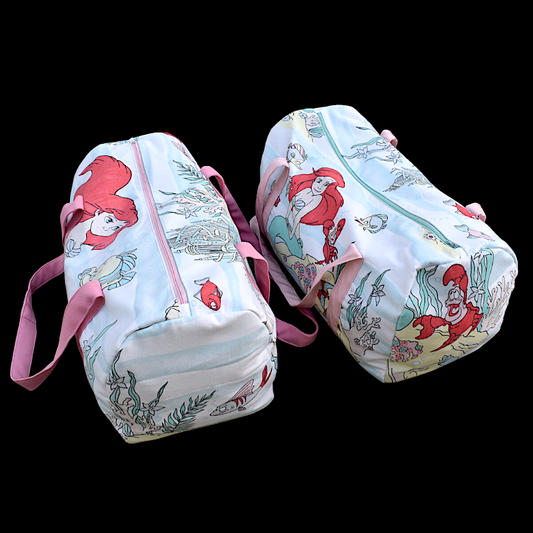 A pair of bags with cartoon characters on them.
