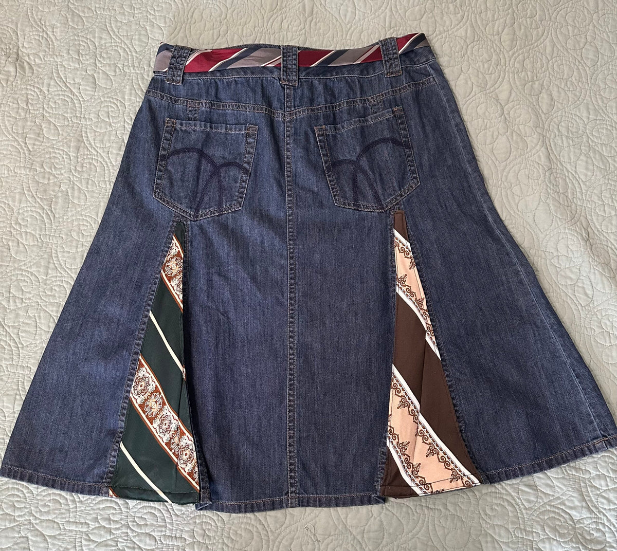 Denim skirt embellished with vintage ties Liz Claiborne sz 12