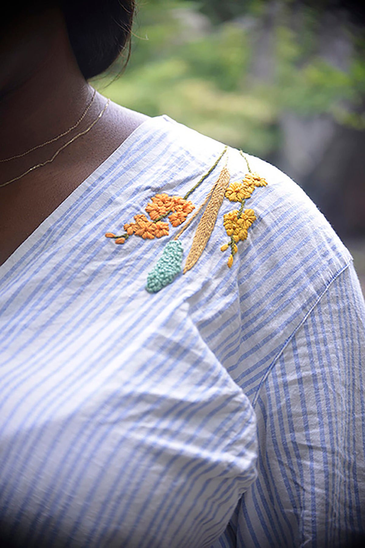 Plus Size Summer Fall Outfit Hand Embroidered Casual Striped Long Sleeve Linen Wrap Blouse Size XL 1X 2X 3X