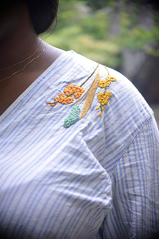 Plus Size Summer Fall Outfit Hand Embroidered Casual Striped Long Sleeve Linen Wrap Blouse Size XL 1X 2X 3X