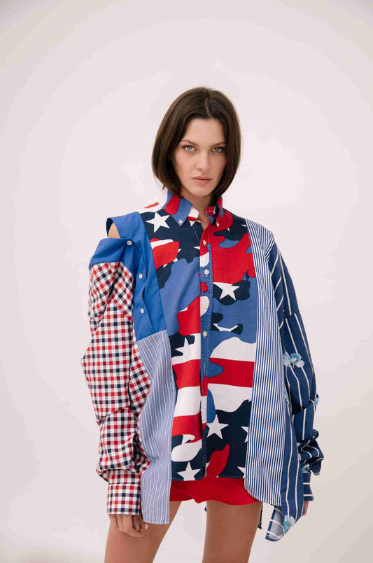 a woman in a red, white, and blue shirt.