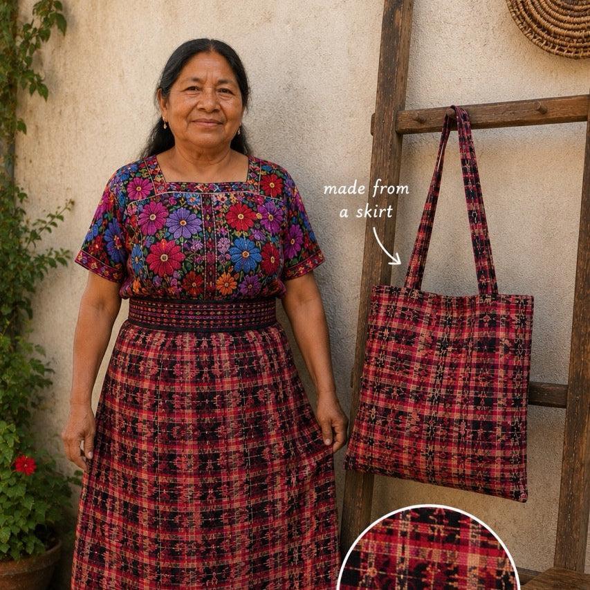 Upcycled Mayan Corte Tote Bag | Handmade Fair Trade Market Bag - Guatemala
