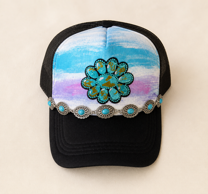 Turquoise Bloom Hand-Painted Trucker Hat
