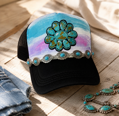Turquoise Bloom Hand-Painted Trucker Hat