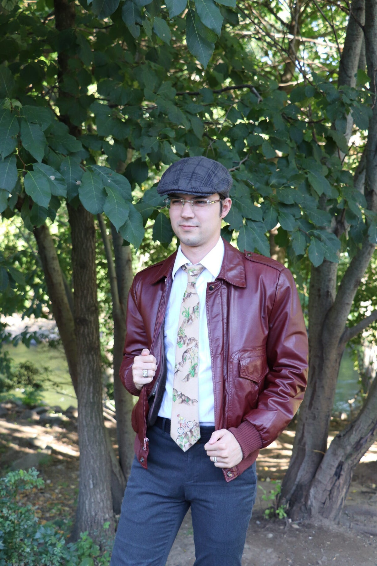 Hand-painted neutrals mountain biking landscape tie