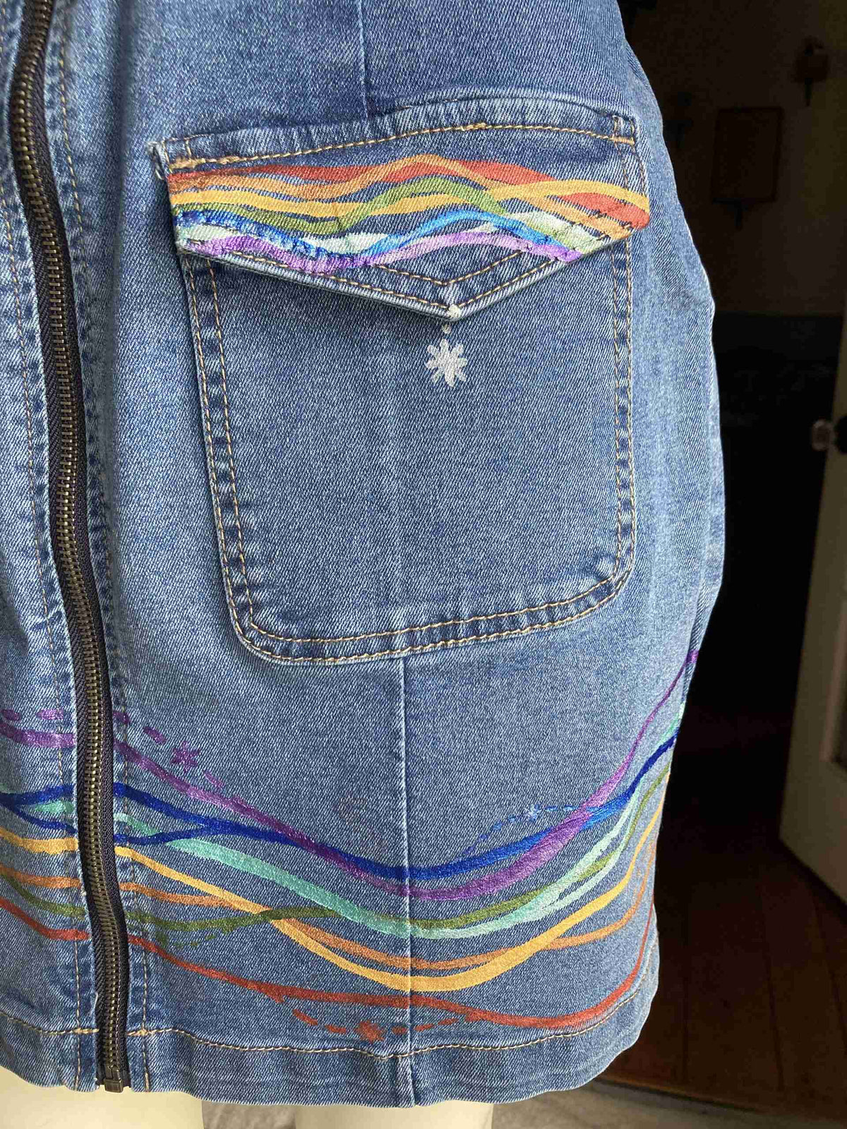 a close up of a person wearing a jean skirt.