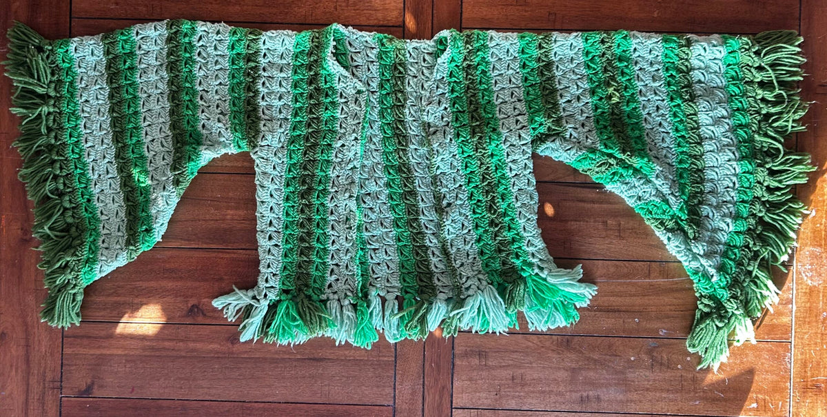 Bohemian Bell-Sleeved Cardigan – Upcycled Green Crocheted Blanket (Size 2XL)