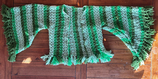 Bohemian Bell-Sleeved Cardigan – Upcycled Green Crocheted Blanket (Size 2XL)