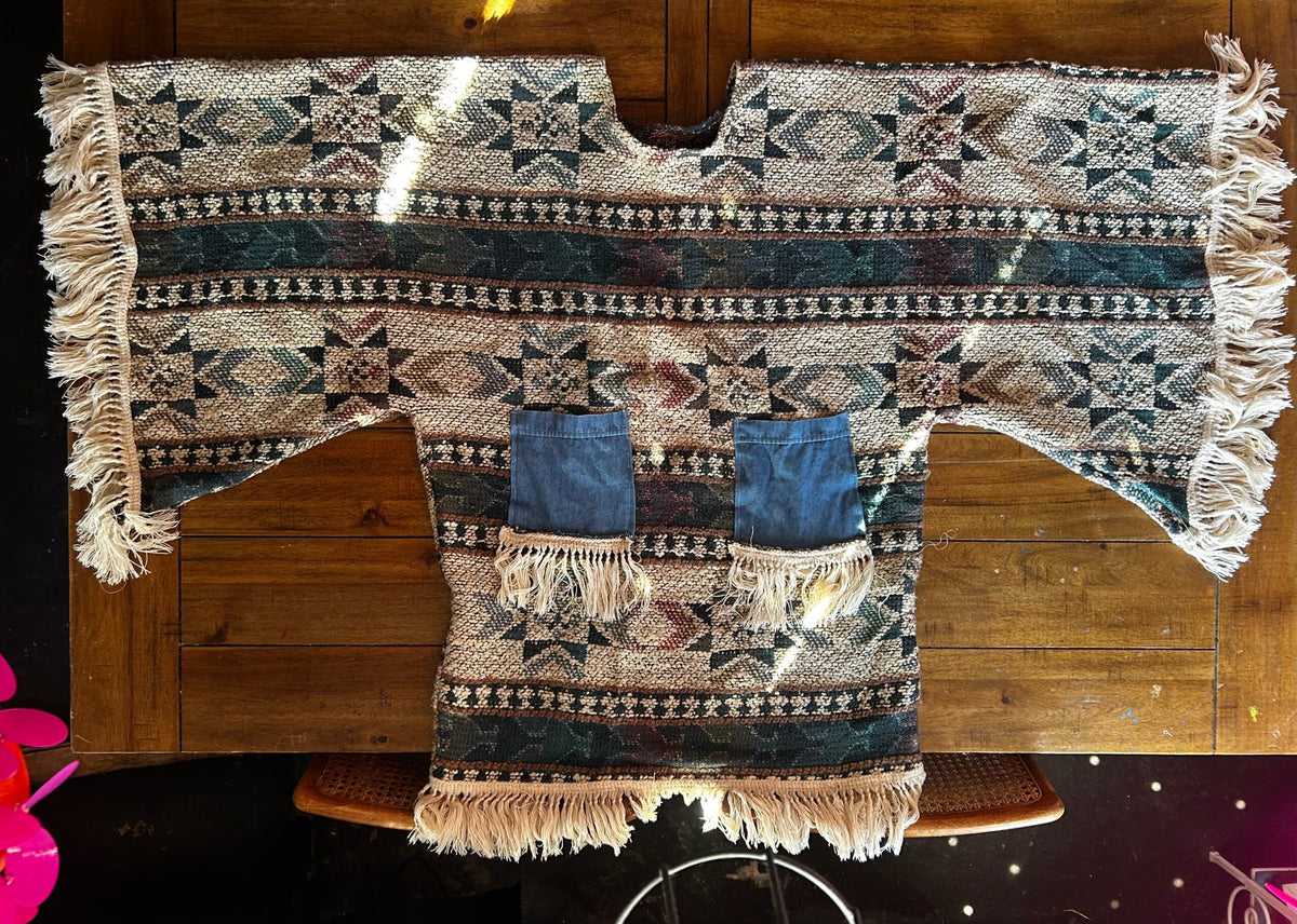 Handmade Blanket Dress with Denim Fringe Pockets – Size 2XL