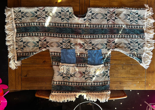 Handmade Blanket Dress with Denim Fringe Pockets – Size 2XL
