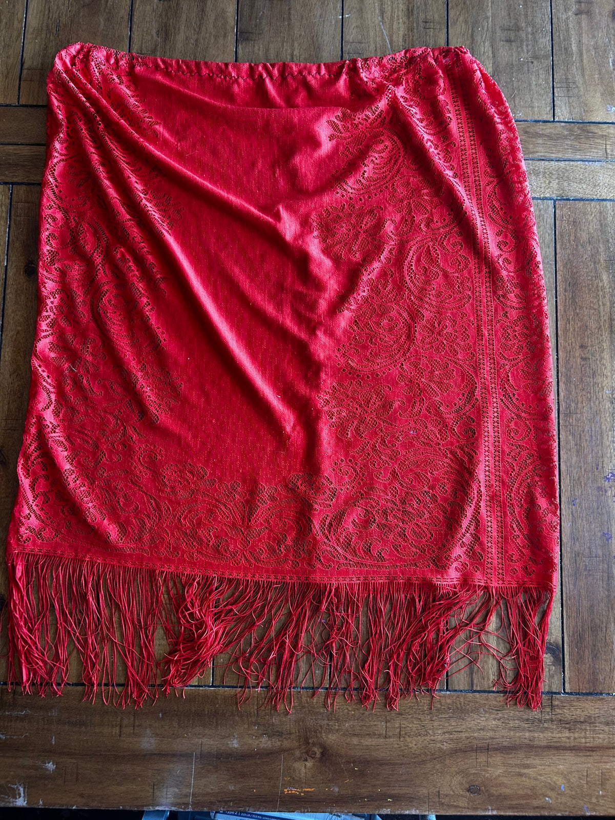Handmade Burnt Orange Lace Skirt with Fringe – Size 2XL