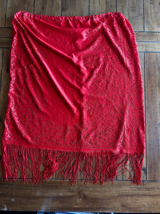 Handmade Burnt Orange Lace Skirt with Fringe – Size 2XL