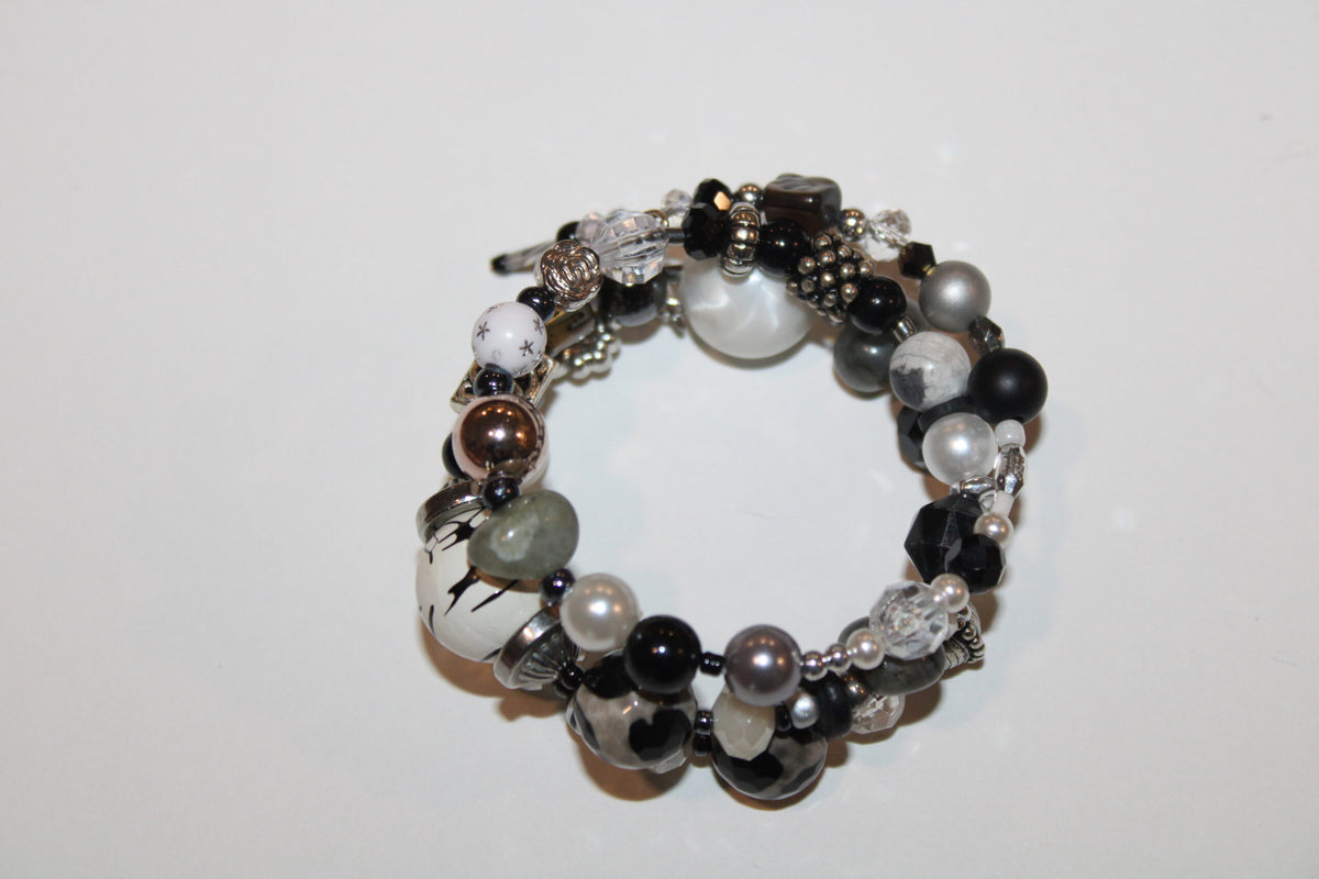 wrap style beaded bracelet in black white and grey