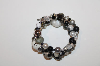 wrap style beaded bracelet in black white and grey