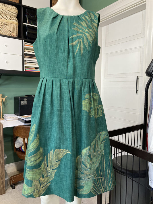 Green jungle leaves hand-painted knee-length dress