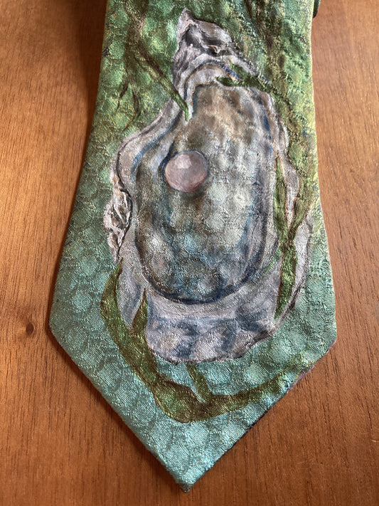 Hand-painted oyster and pearl ocean magic tie
