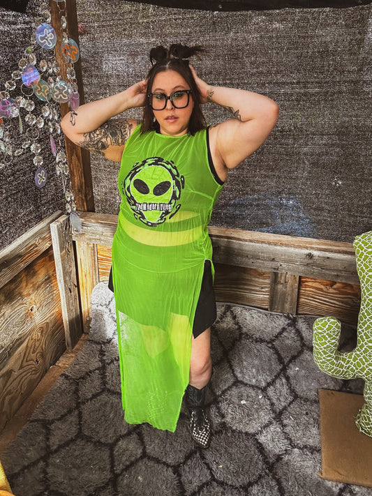 Neon Signal Sheer Dress – One of a Kind Upcycled Statement Piece