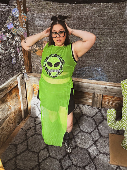 Neon Signal Sheer Dress – One of a Kind Upcycled Statement Piece