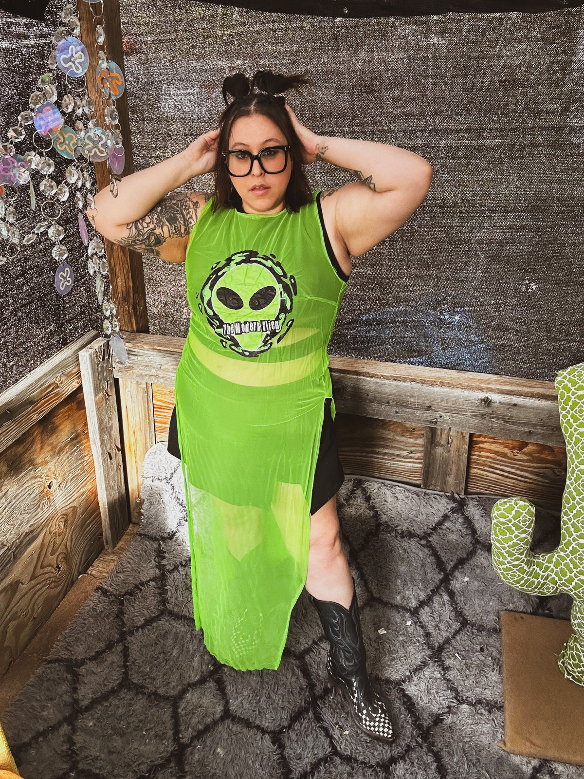 Neon Signal Sheer Dress – One of a Kind Upcycled Statement Piece