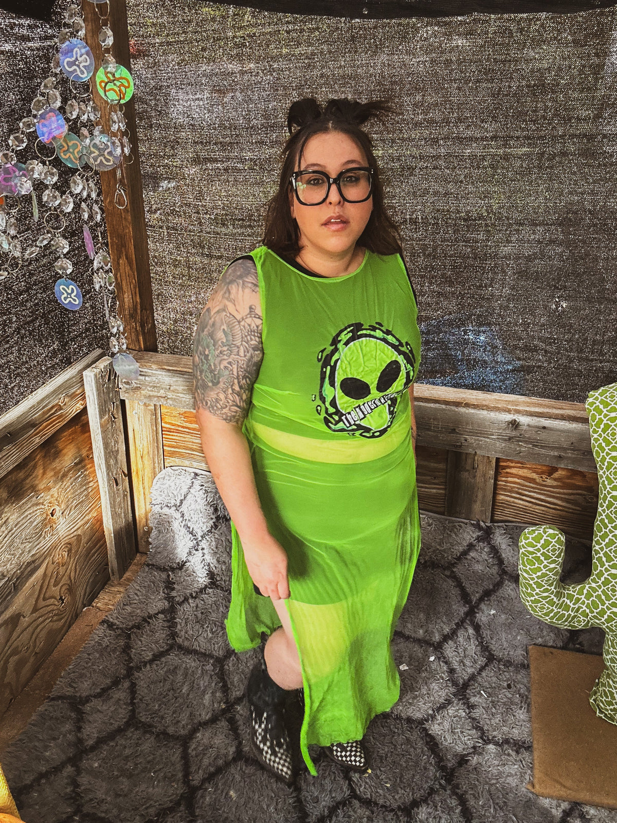 Neon Signal Sheer Dress – One of a Kind Upcycled Statement Piece