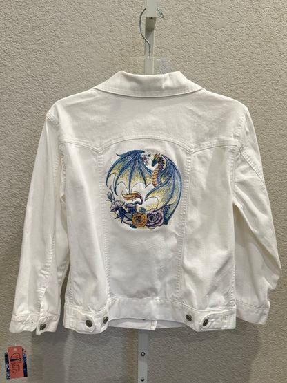 Dragon and Roses Embroidered White Upcycled Denim Jacket
