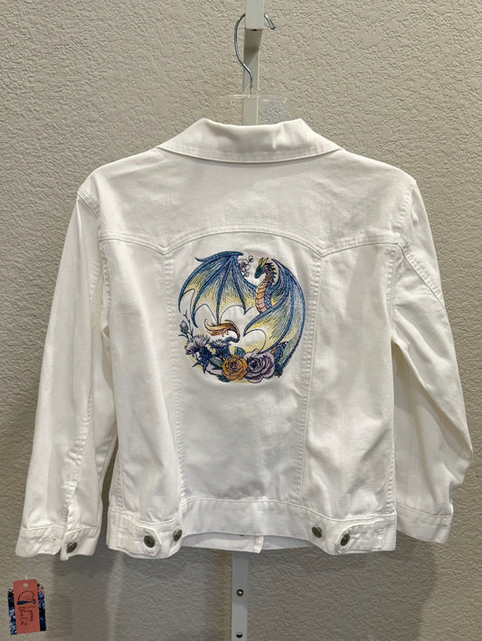 Dragon and Roses Embroidered White Upcycled Denim Jacket