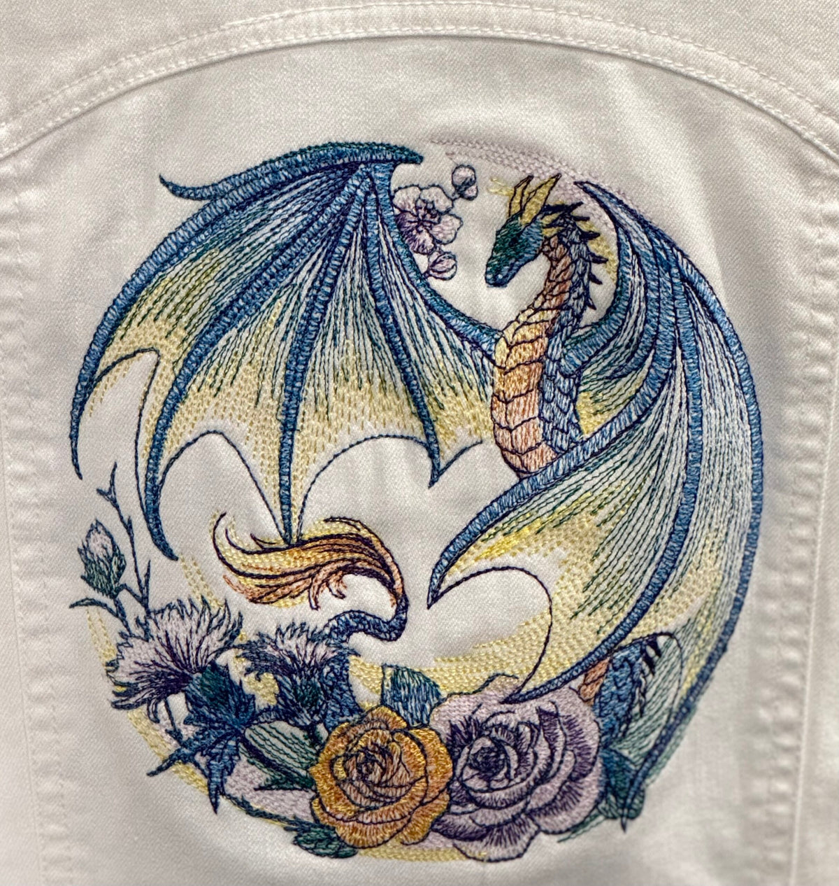 Dragon and Roses Embroidered White Upcycled Denim Jacket