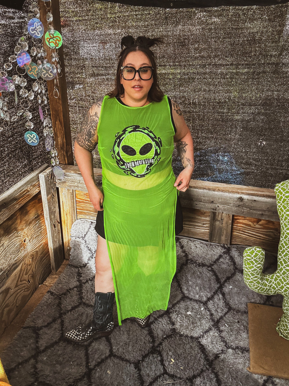 Neon Signal Sheer Dress – One of a Kind Upcycled Statement Piece