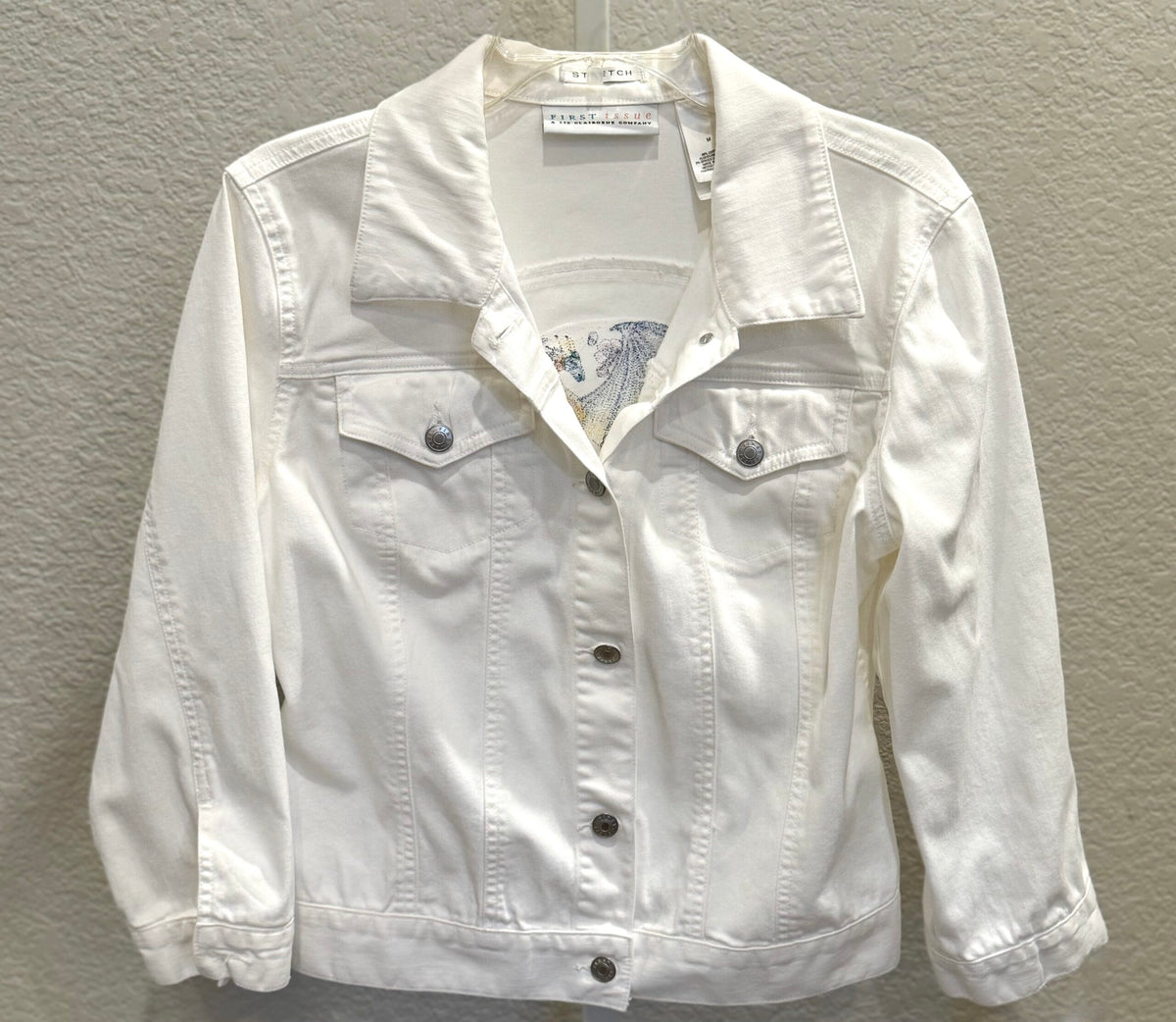 Dragon and Roses Embroidered White Upcycled Denim Jacket
