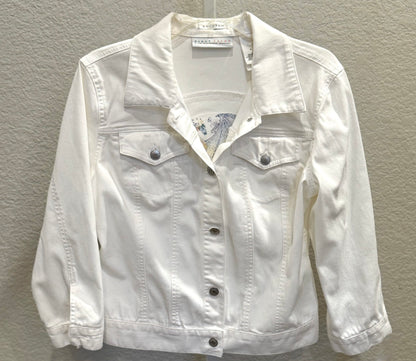 Dragon and Roses Embroidered White Upcycled Denim Jacket