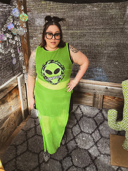 Neon Signal Sheer Dress – One of a Kind Upcycled Statement Piece