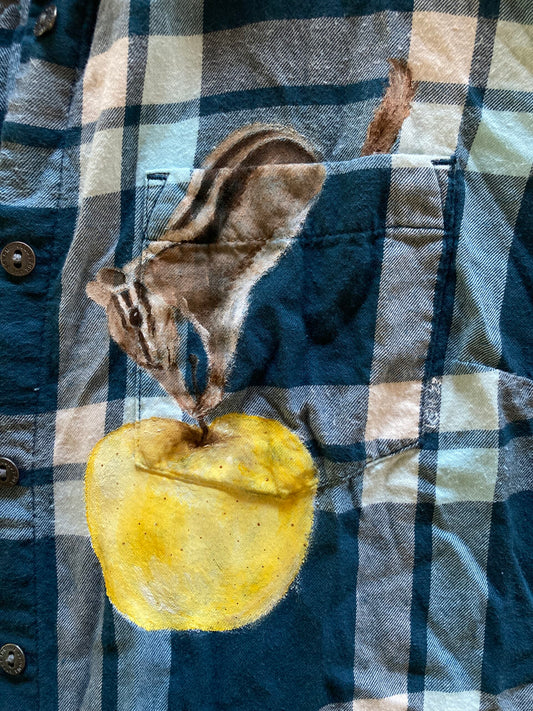 Chipmunk and apple hand-painted on blue plaid shirt